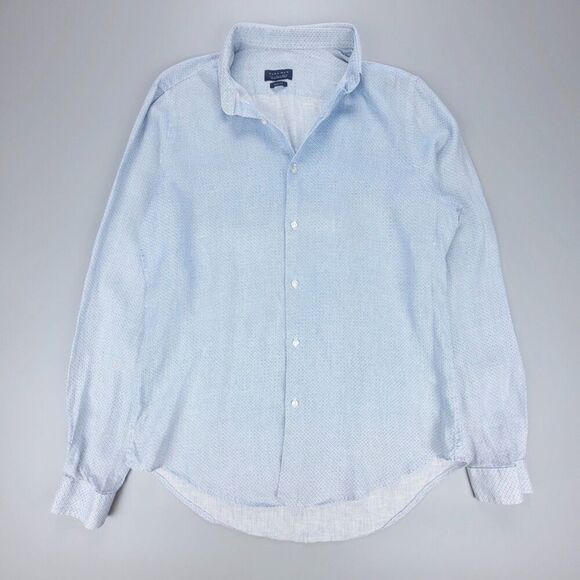 ZARA MAN 100% Linen Slim Fit Long Sleeve Button Down Shirt Mens Large Blue Print - Picture 5 of 8